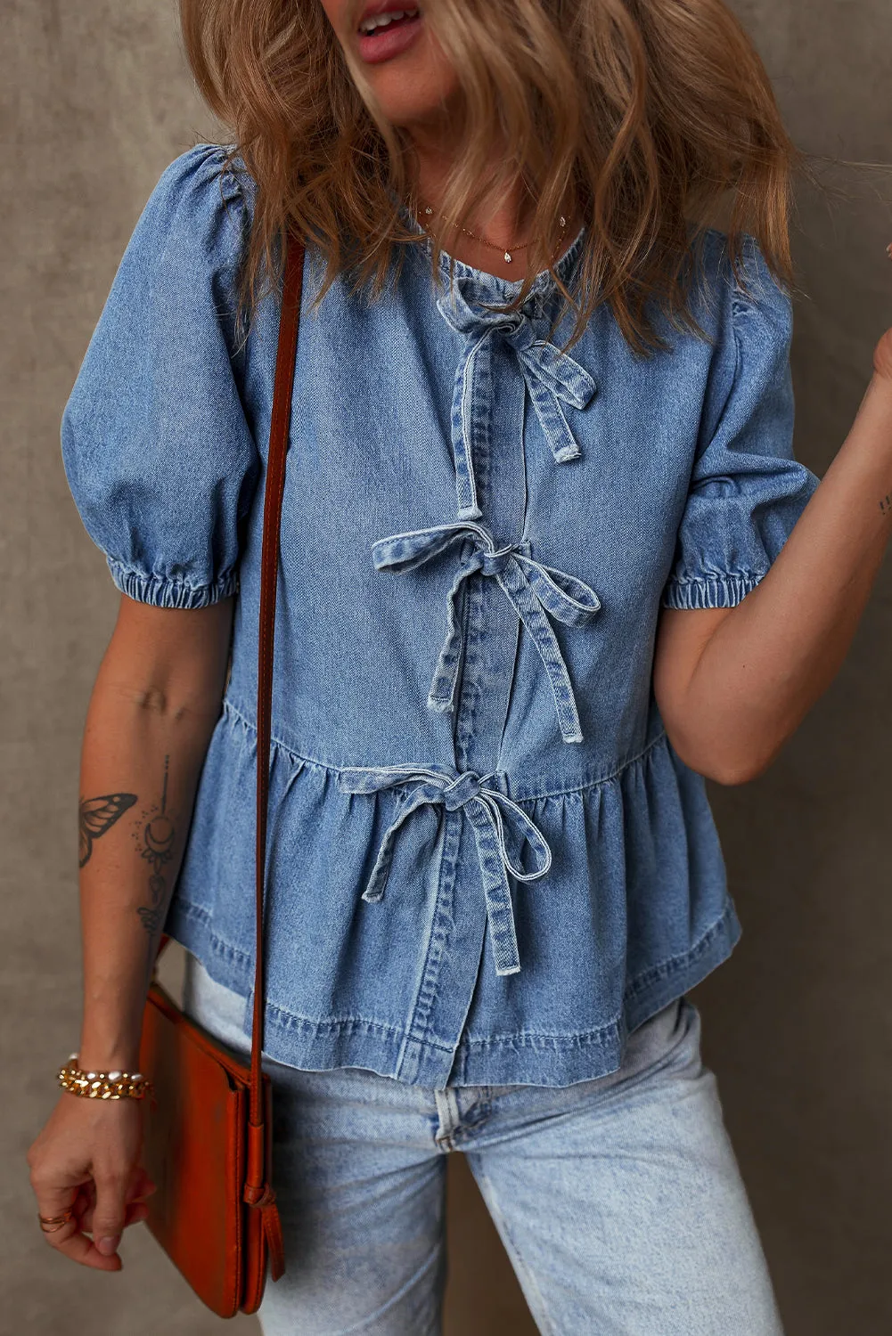 Bubble Sleeve Peplum Denim Shirt