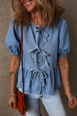 Bubble Sleeve Peplum Denim Shirt