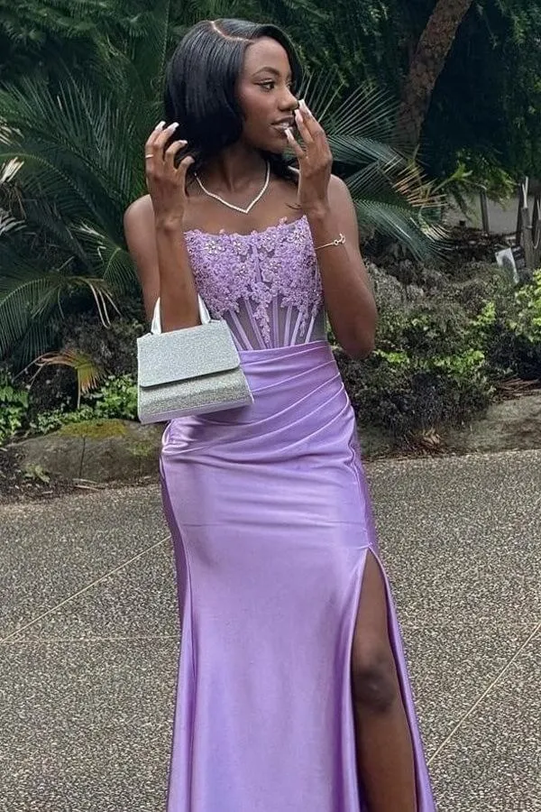 Burgundy Satin Strapless Lace Appliques Long Prom Dresses With Slit, SLP071