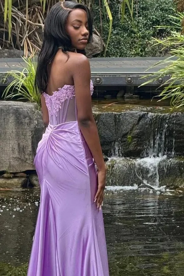 Burgundy Satin Strapless Lace Appliques Long Prom Dresses With Slit, SLP071