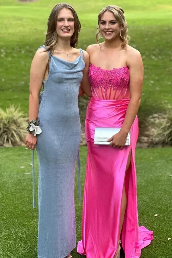 Burgundy Satin Strapless Lace Appliques Long Prom Dresses With Slit, SLP071