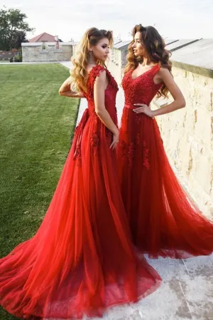 Burgundy v neck tulle lace long prom dress burgundy bridesmaid dress