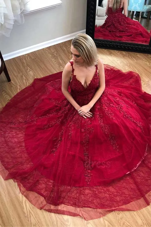 Burgundy v neck tulle lace long prom dress, burgundy evening dress