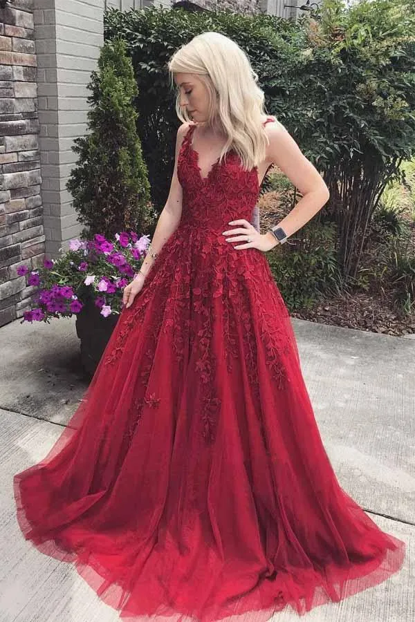 Burgundy v neck tulle lace long prom dress, burgundy evening dress