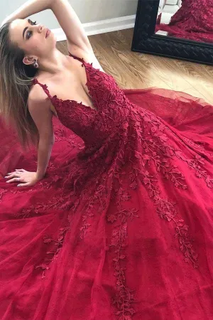 Burgundy v neck tulle lace long prom dress, burgundy evening dress