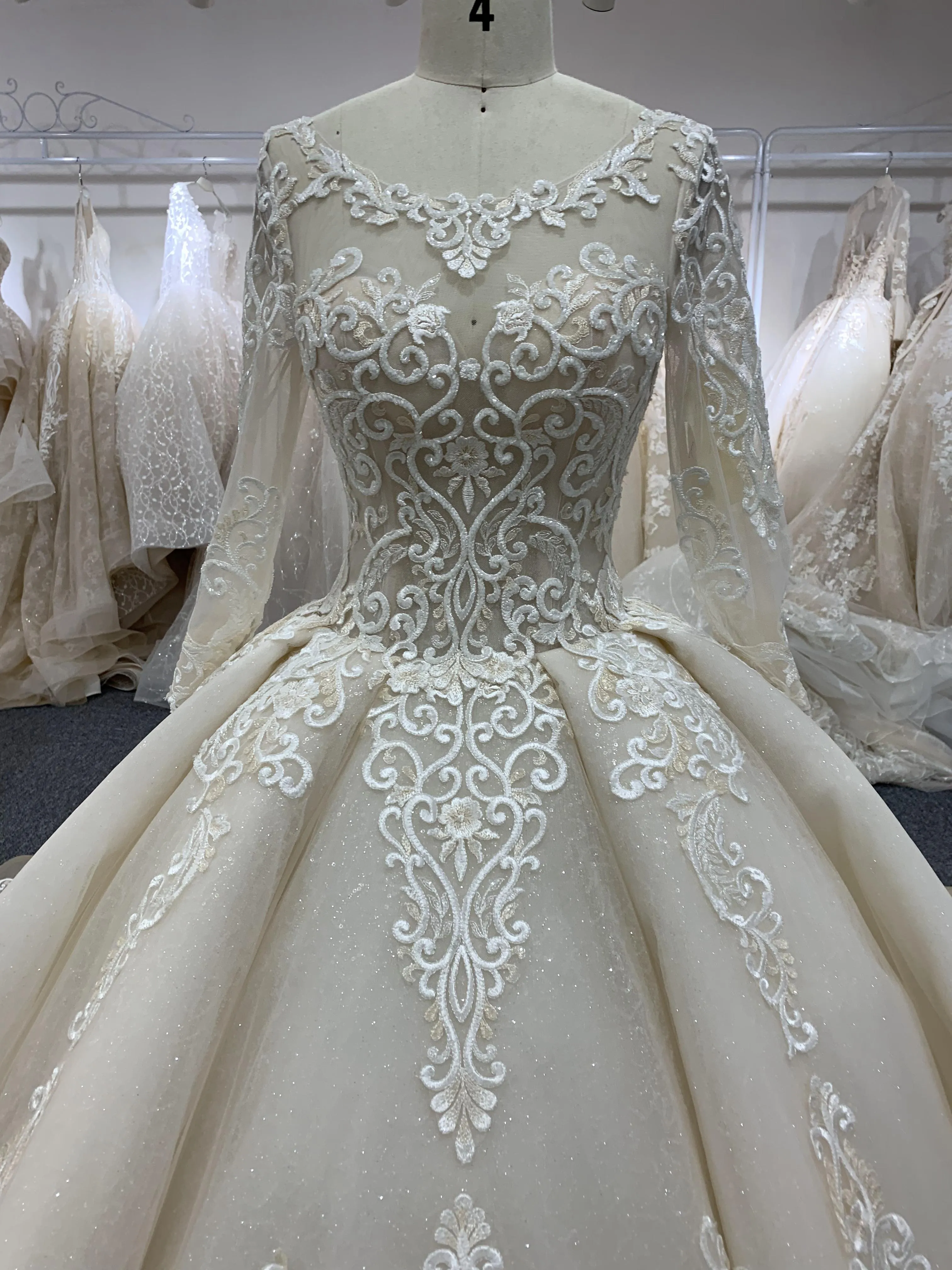 BYG fashion design champagne wedding dress chapel train