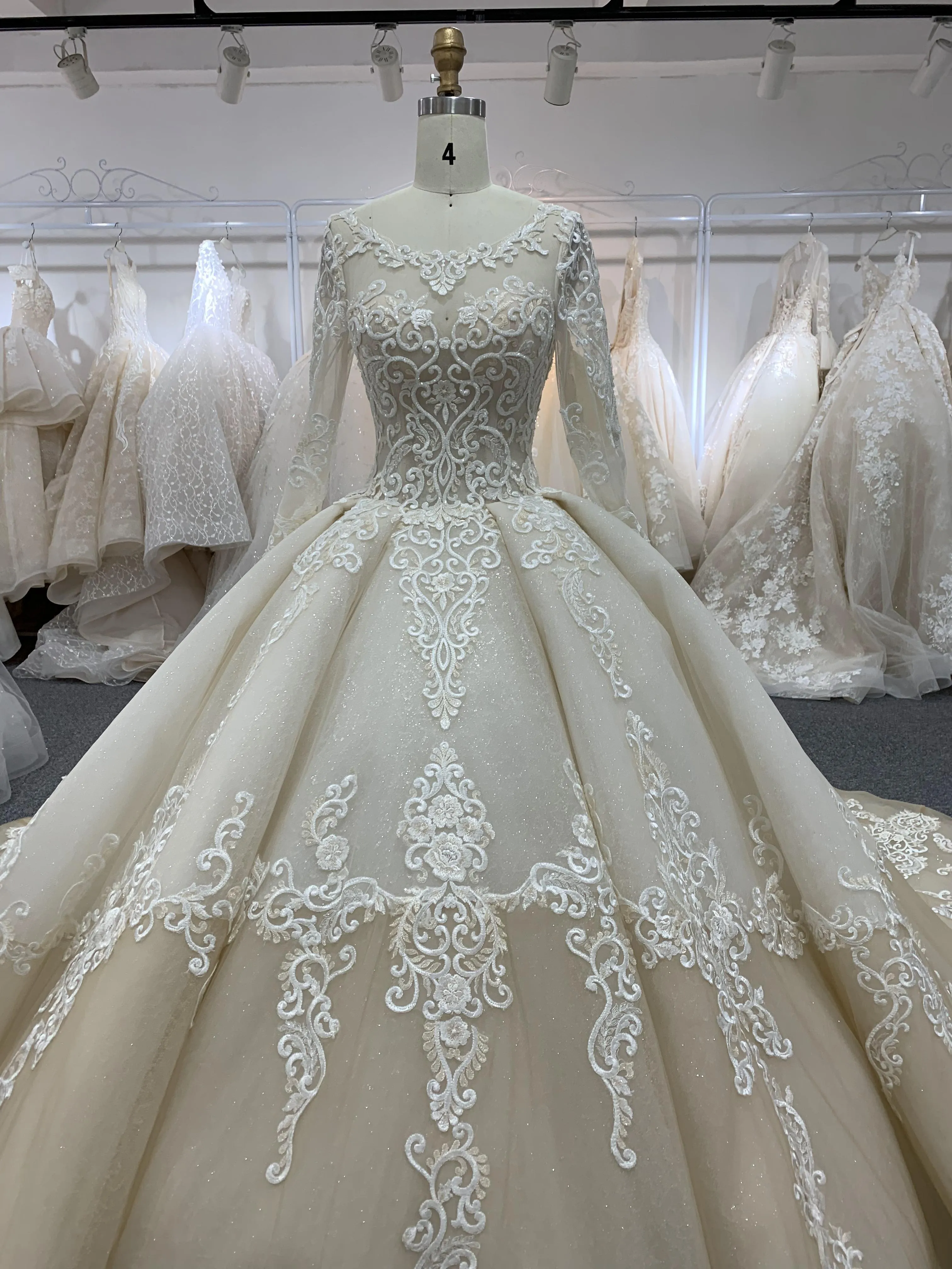 BYG fashion design champagne wedding dress chapel train