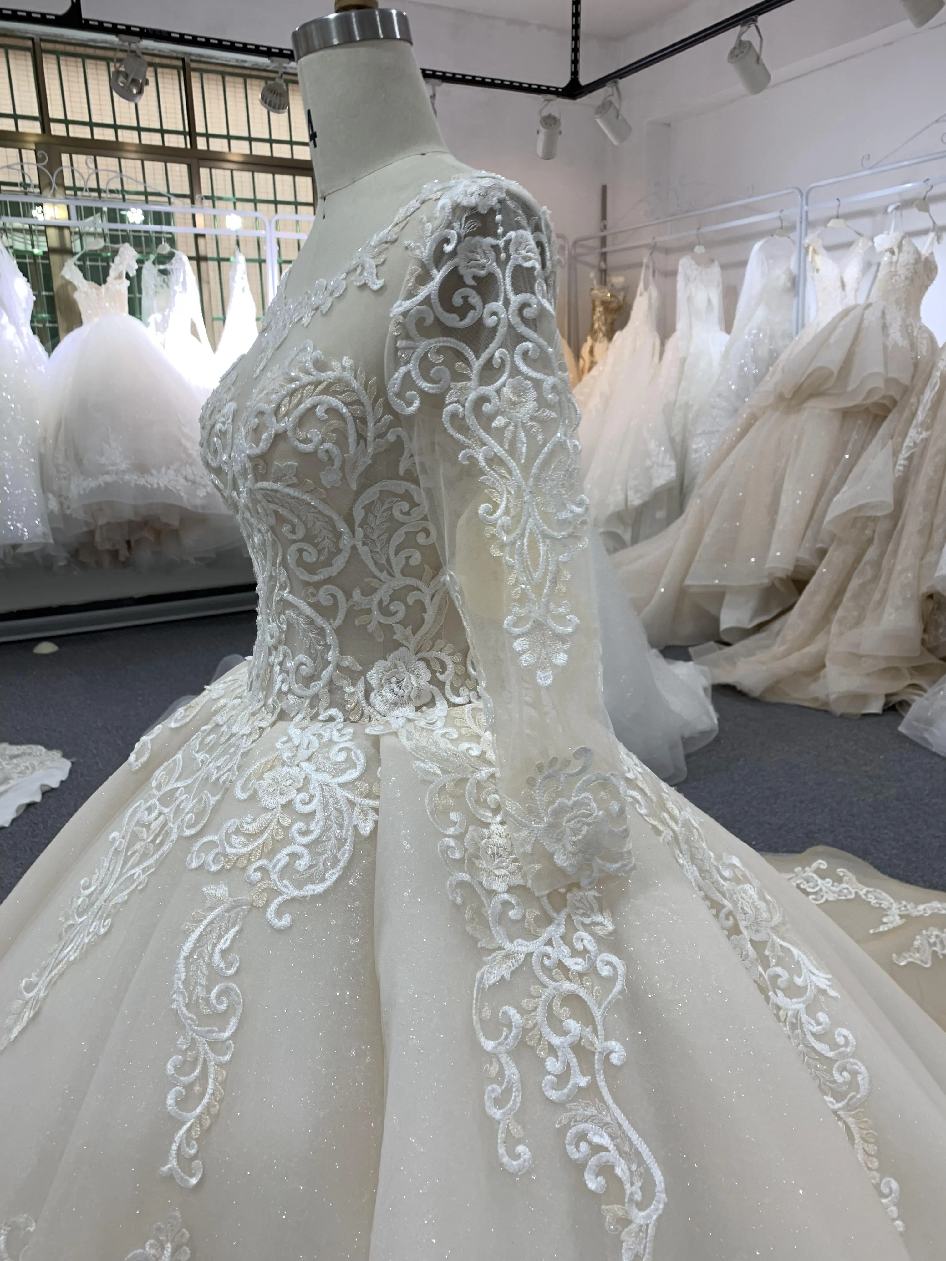 BYG fashion design champagne wedding dress chapel train