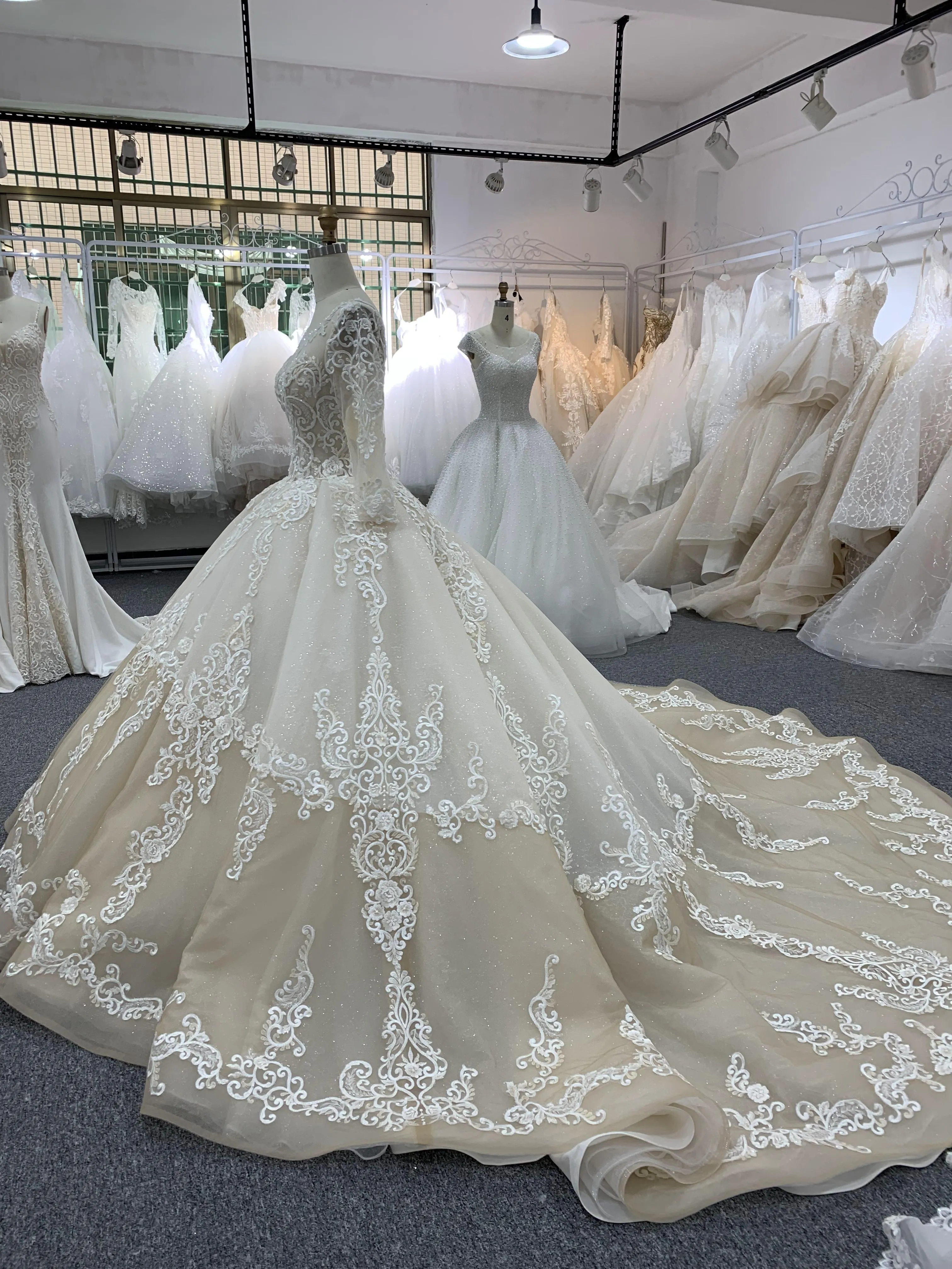 BYG fashion design champagne wedding dress chapel train