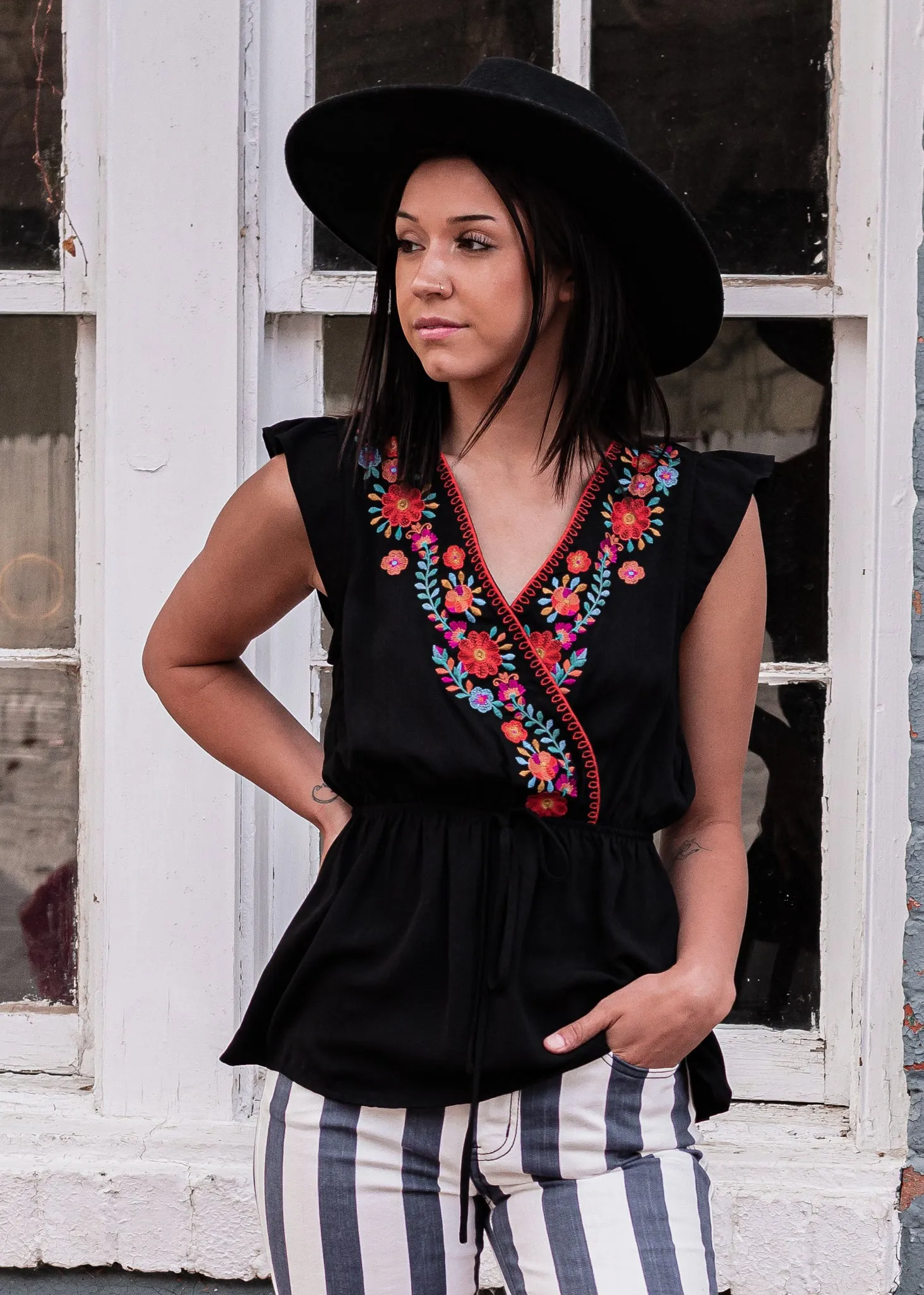Cabana Bound Embroidered Peplum Top