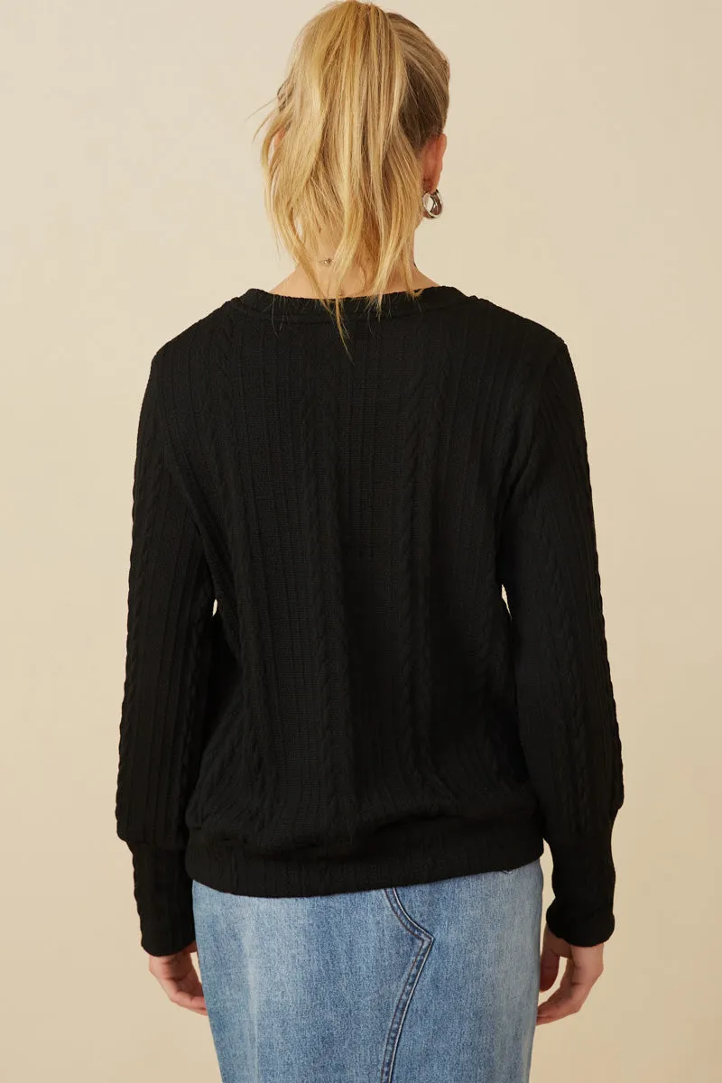 Cable Knit Floral Embroidered Long Sleeve Top