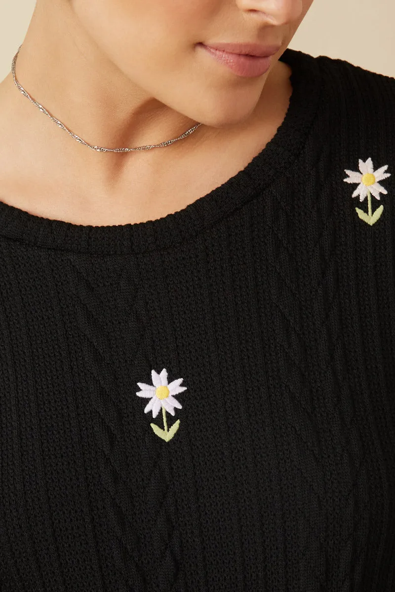 Cable Knit Floral Embroidered Long Sleeve Top