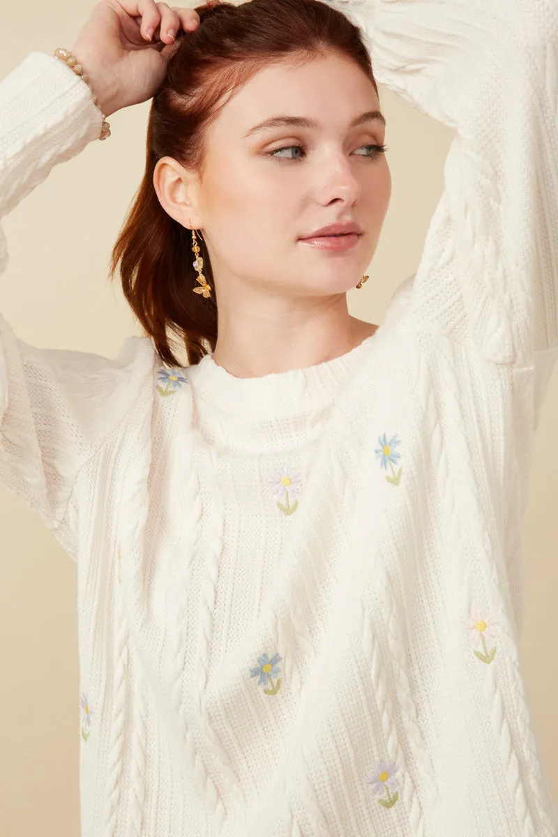 Cable Knit Floral Embroidered Long Sleeve Top