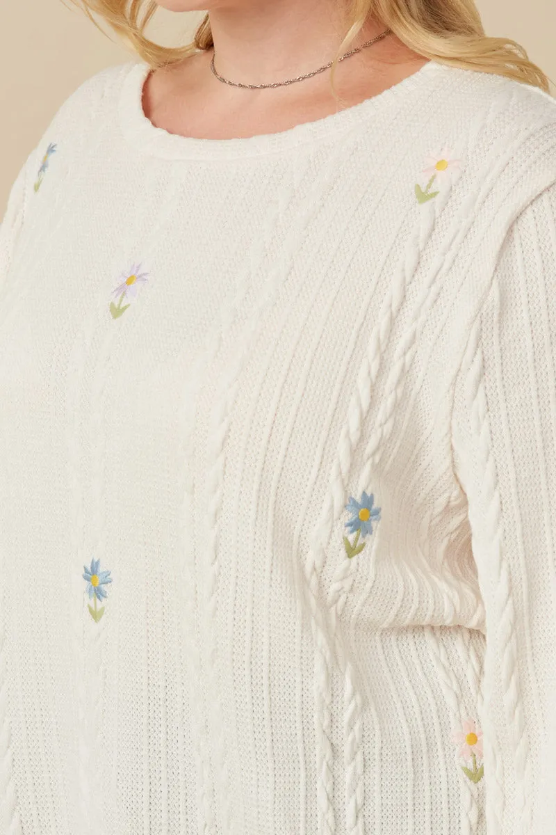 Cable Knit Floral Embroidered Long Sleeve Top