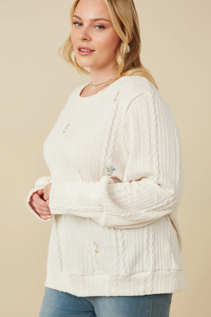 Cable Knit Floral Embroidered Long Sleeve Top