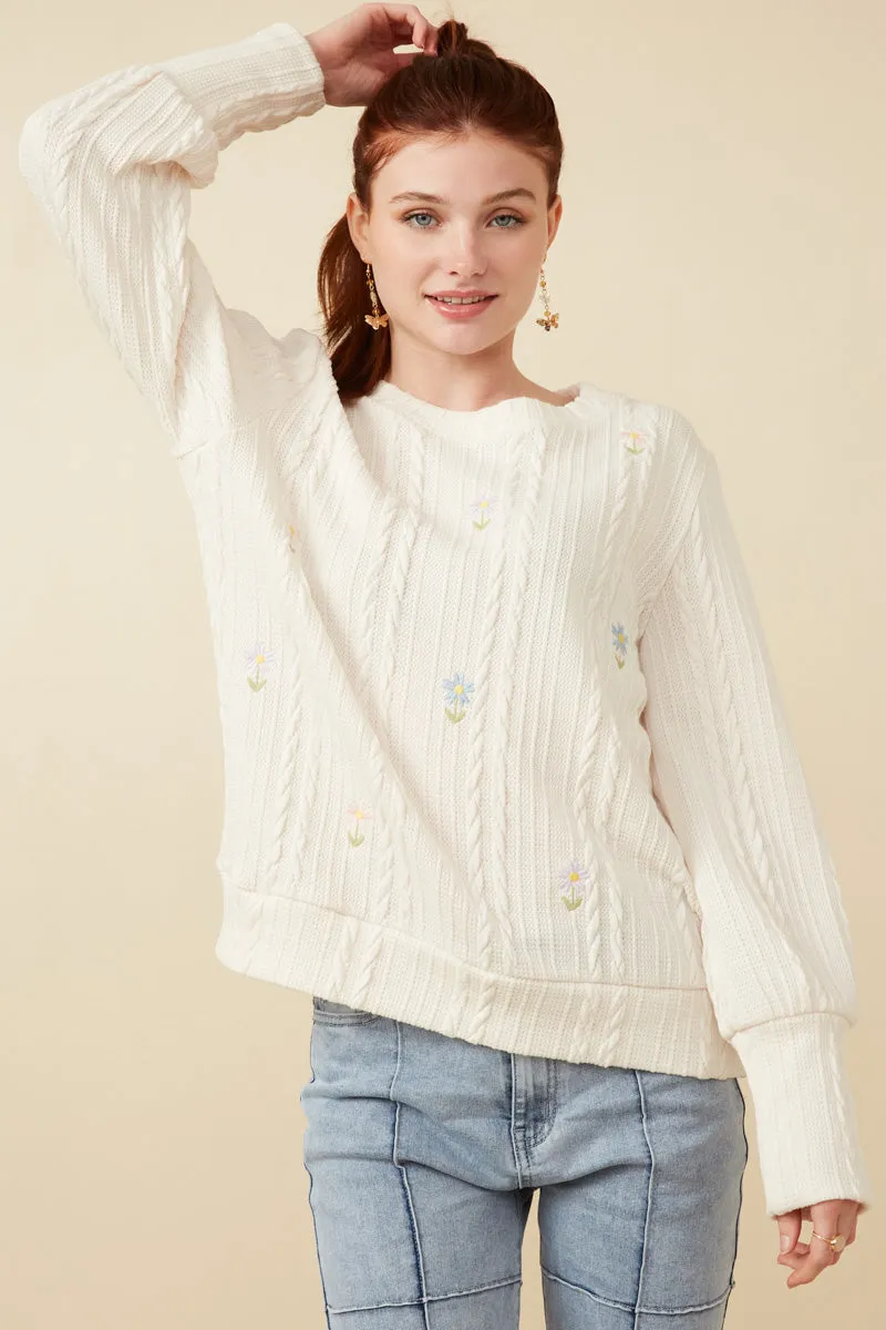 Cable Knit Floral Embroidered Long Sleeve Top