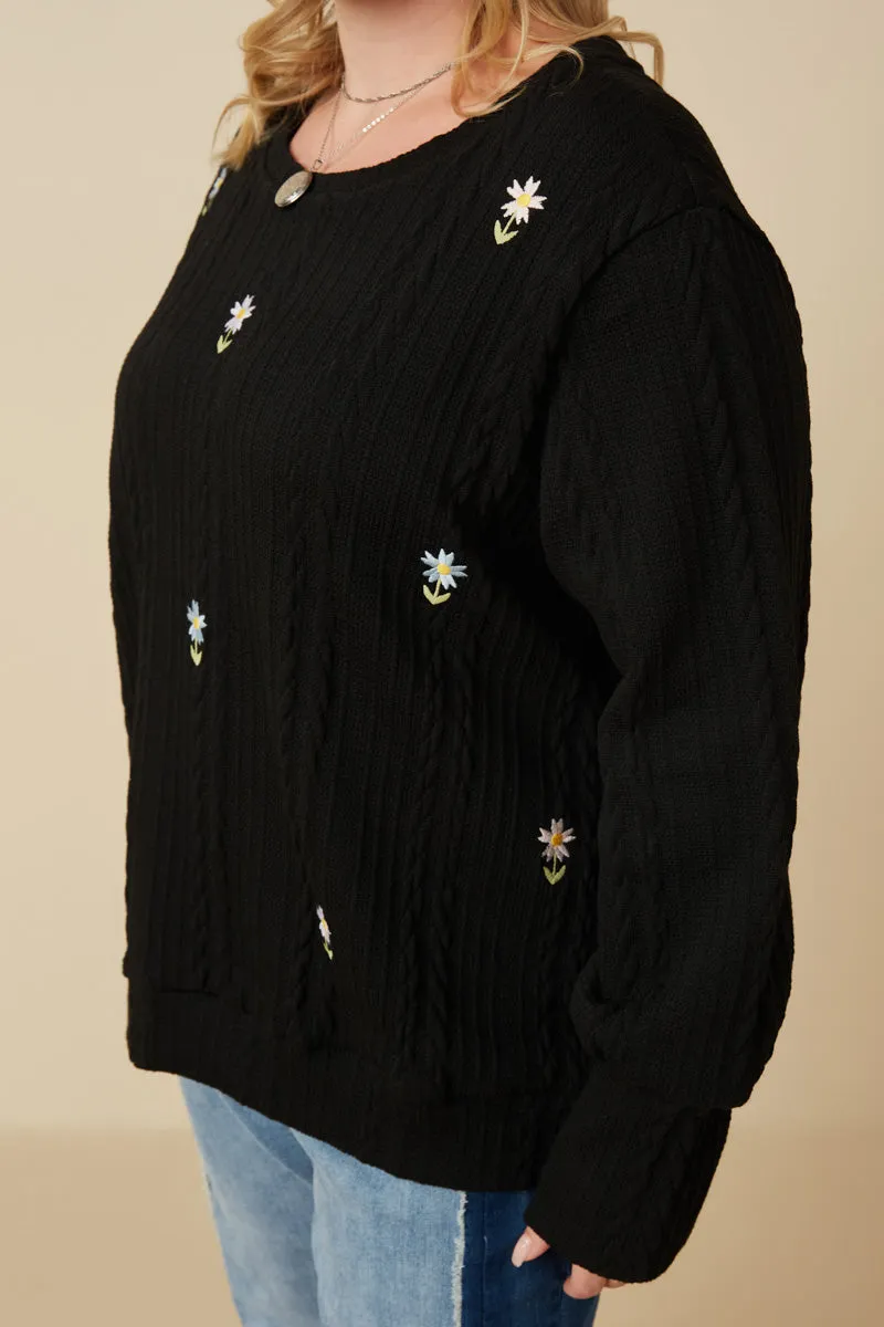 Cable Knit Floral Embroidered Long Sleeve Top