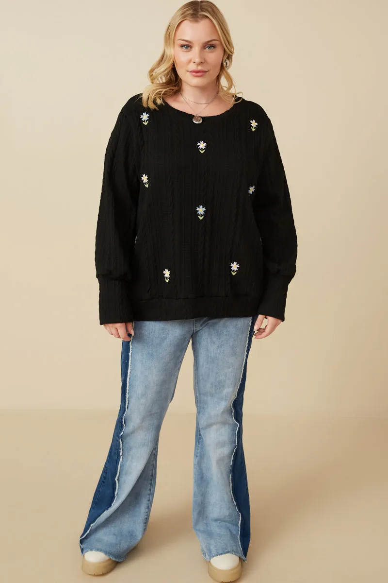 Cable Knit Floral Embroidered Long Sleeve Top