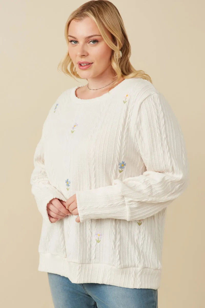 Cable Knit Floral Embroidered Long Sleeve Top