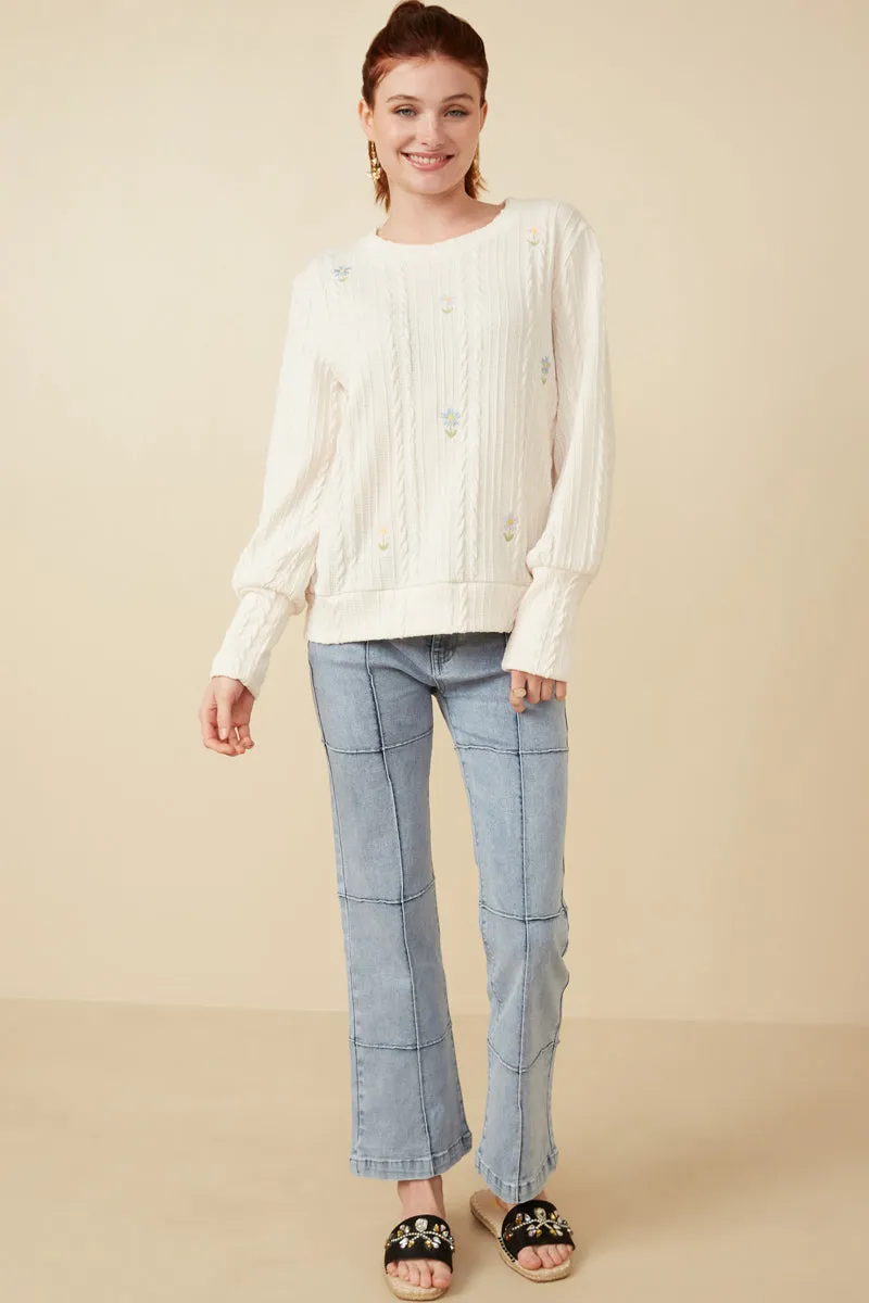 Cable Knit Floral Embroidered Long Sleeve Top