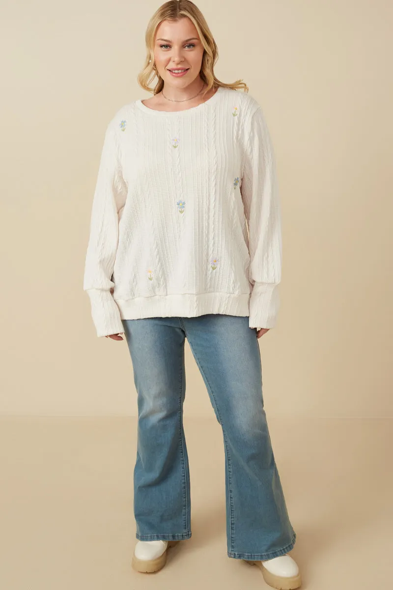 Cable Knit Floral Embroidered Long Sleeve Top