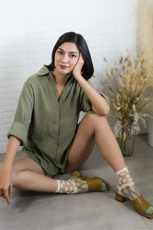 CADENCE Long-Sleeve Button-down Top & Shorts Co-ord (Sage Green)