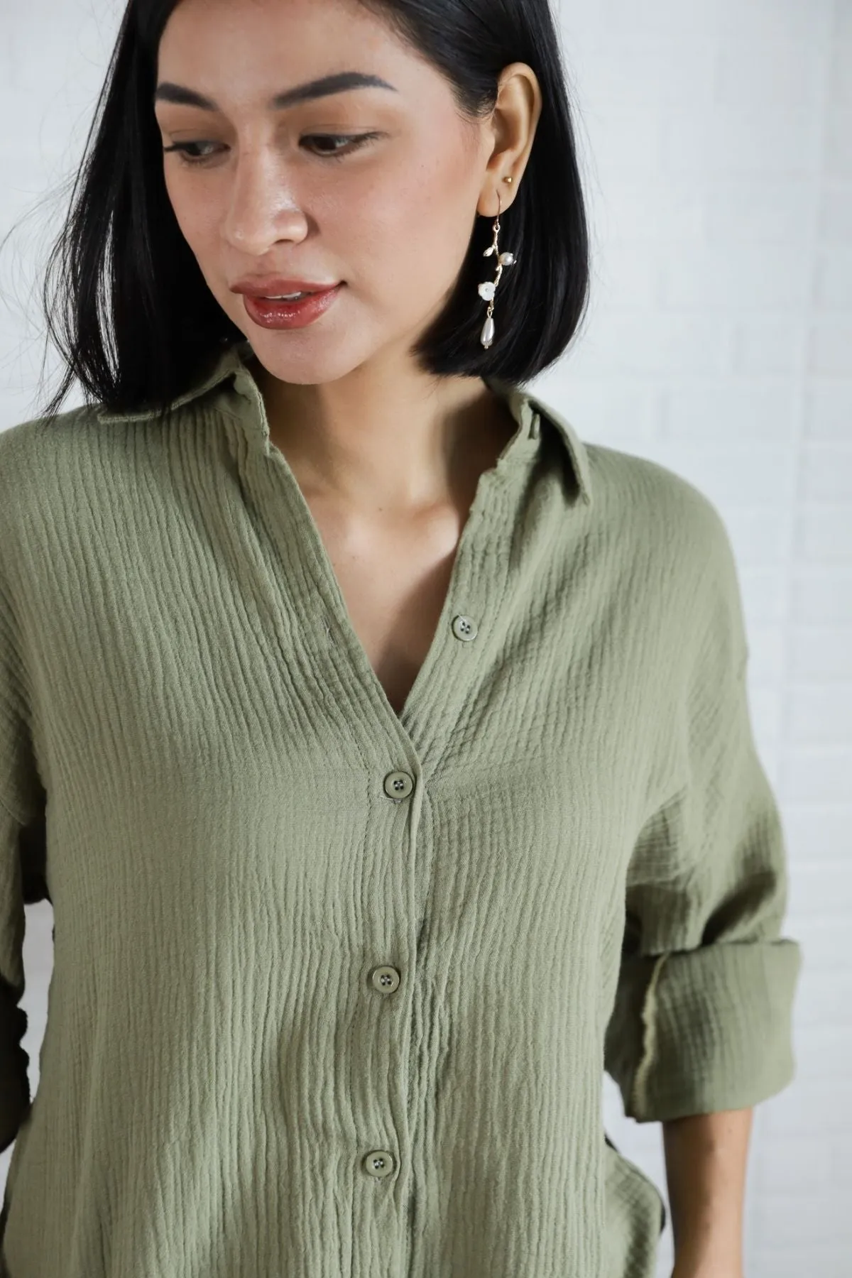 CADENCE Long-Sleeve Button-down Top & Shorts Co-ord (Sage Green)
