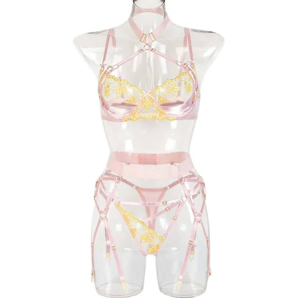 Caged Halter Hollow Out Three-Piece Lingerie Set