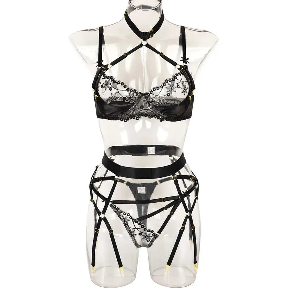 Caged Halter Hollow Out Three-Piece Lingerie Set