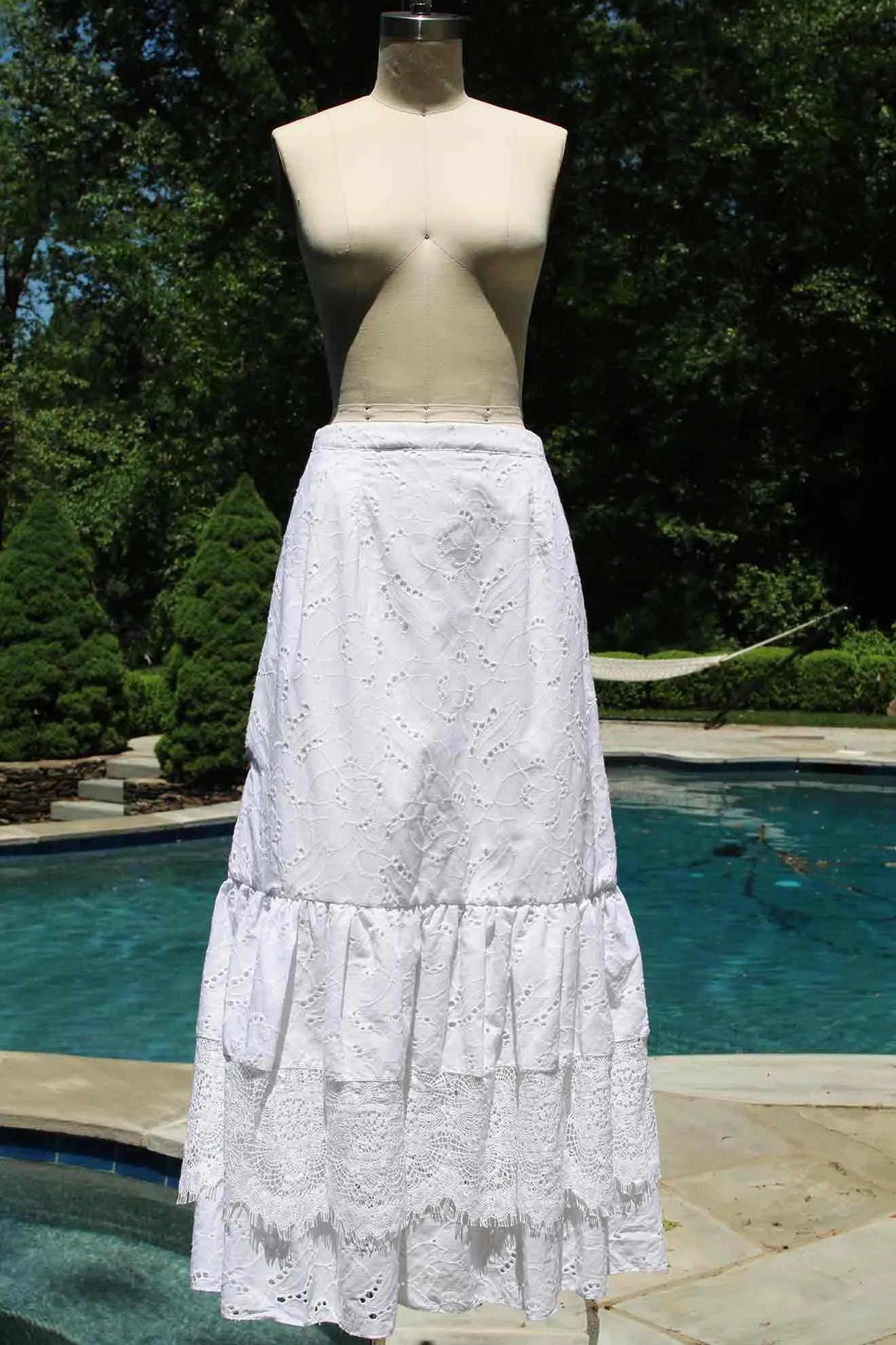 Caicos Tiered Lace and Embroidered Cotton Skirt/ Tailored or Loose Fit