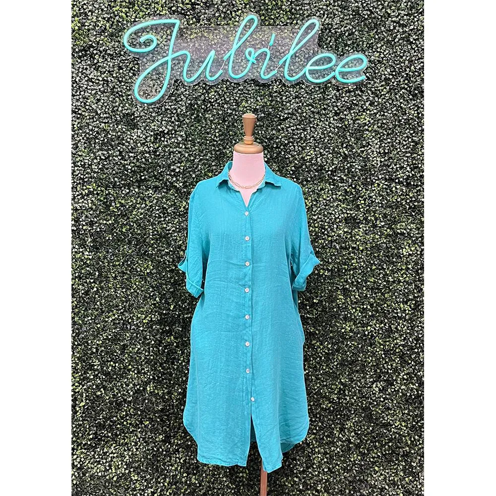 Caribbean Teal Linen Dress