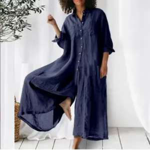 Casual Jumpsuit Breathable Cotton Linen Button Closure Female Wide Legs Pants Long Romper Adults Jumpsuit Streetwear
