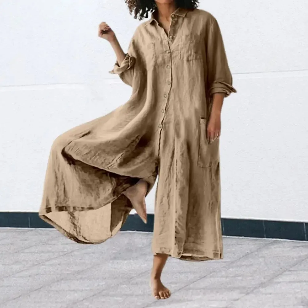 Casual Jumpsuit Breathable Cotton Linen Button Closure Female Wide Legs Pants Long Romper Adults Jumpsuit Streetwear