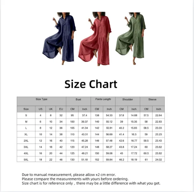 Casual Jumpsuit Breathable Cotton Linen Button Closure Female Wide Legs Pants Long Romper Adults Jumpsuit Streetwear