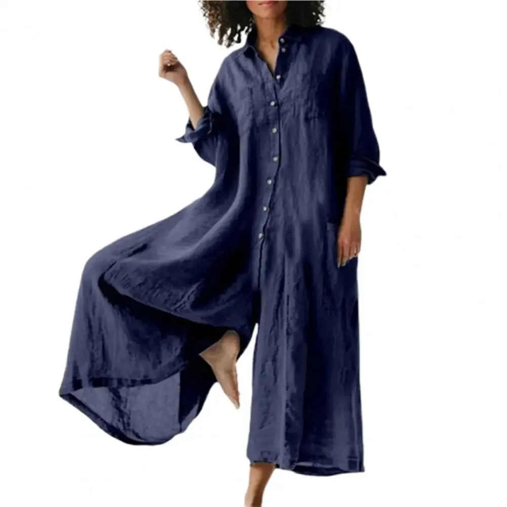 Casual Jumpsuit Breathable Cotton Linen Button Closure Female Wide Legs Pants Long Romper Adults Jumpsuit Streetwear
