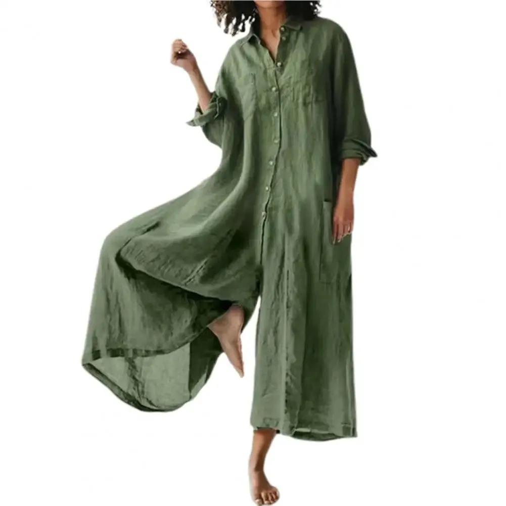 Casual Jumpsuit Breathable Cotton Linen Button Closure Female Wide Legs Pants Long Romper Adults Jumpsuit Streetwear