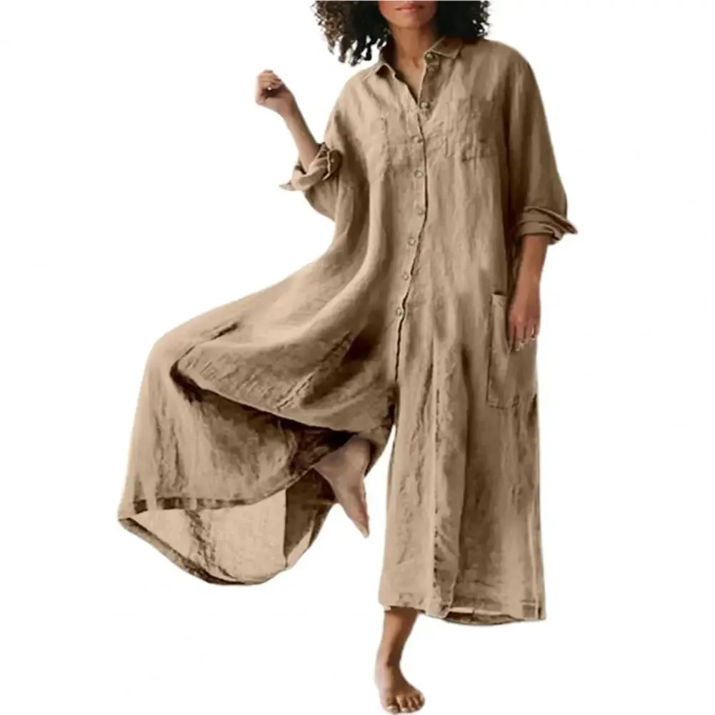 Casual Jumpsuit Breathable Cotton Linen Button Closure Female Wide Legs Pants Long Romper Adults Jumpsuit Streetwear