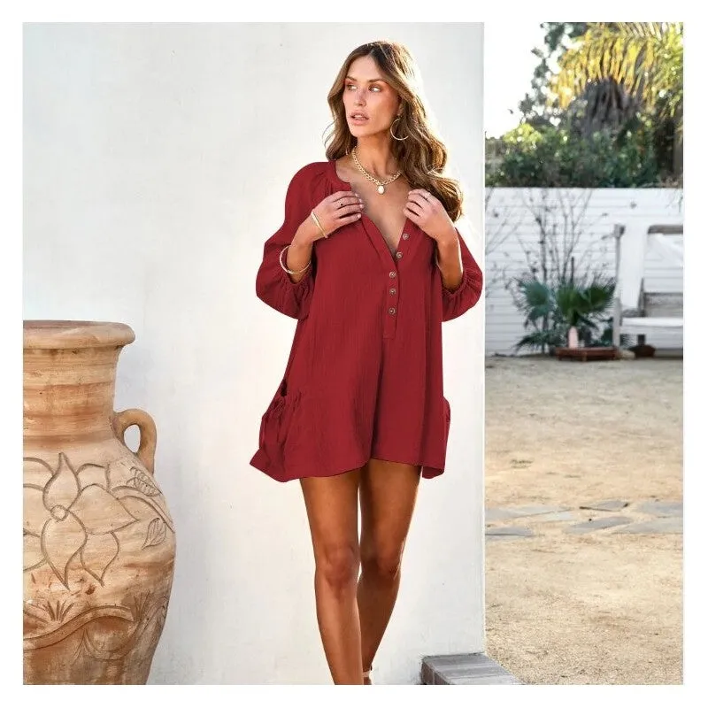 Casual Long Sleeve Jumpsuit With Oversized Pockets