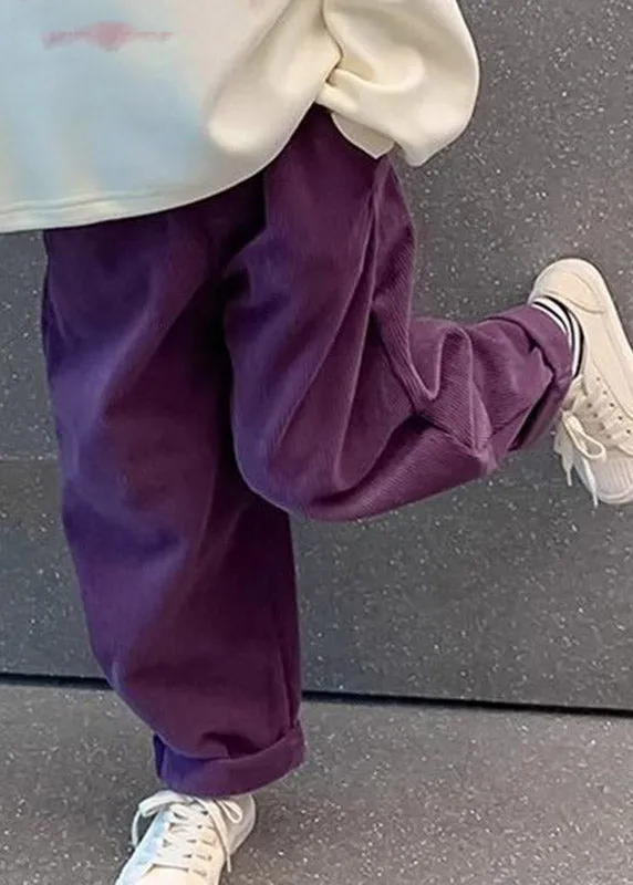 Casual Purple Pockets Elastic Waist Corduroy Kids Straight Pants Spring TV009