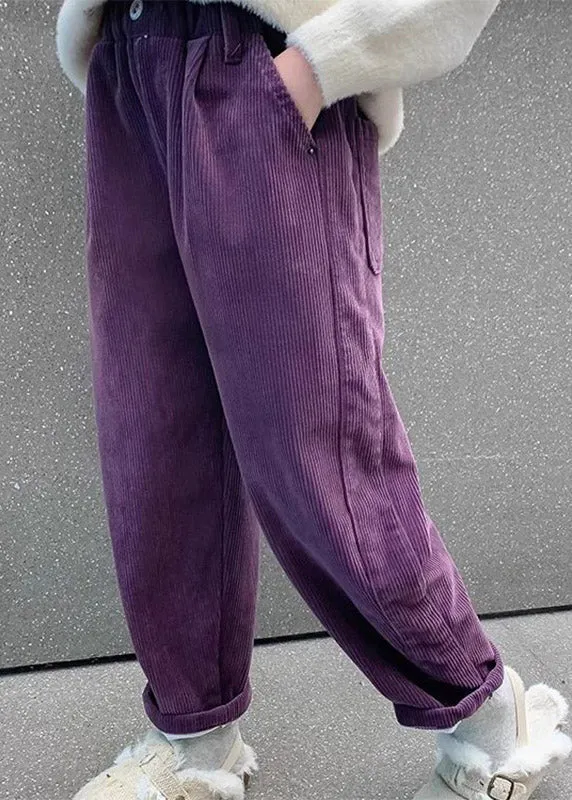 Casual Purple Pockets Elastic Waist Corduroy Kids Straight Pants Spring TV009