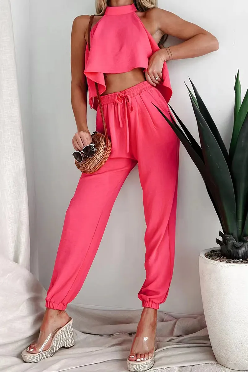 Casual Solid Backless Halter Sleeveless Two Pieces