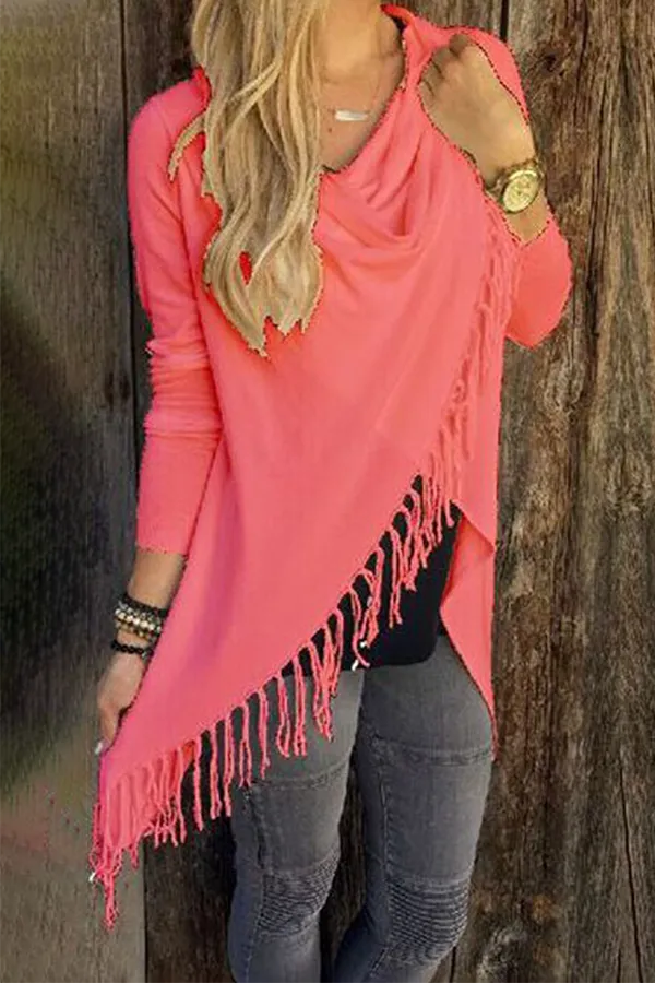 Casual Solid Tassel Patchwork Slit Asymmetrical Collar Tops