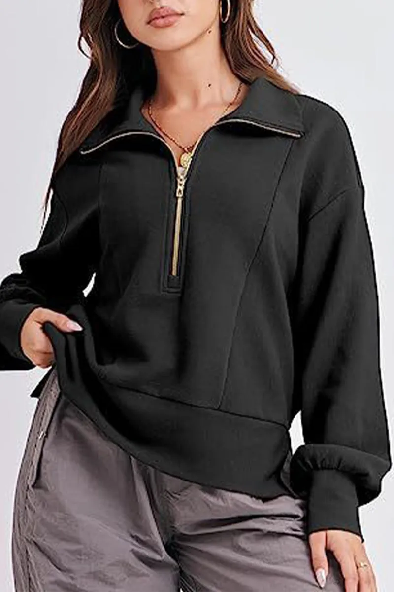 Casual Solid Zipper Zipper Collar Tops