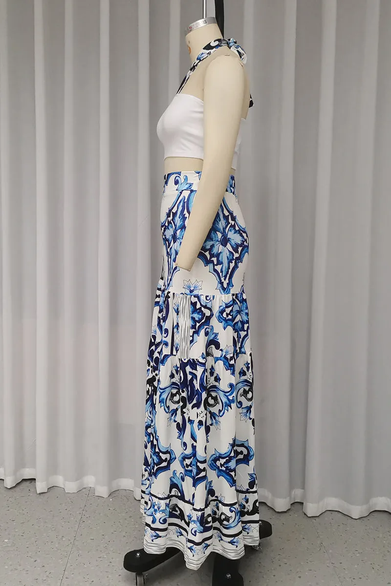 Casual Vacation Floral Print Lace Up Patchwork Ruffle Halter Sleeveless Two Pieces
