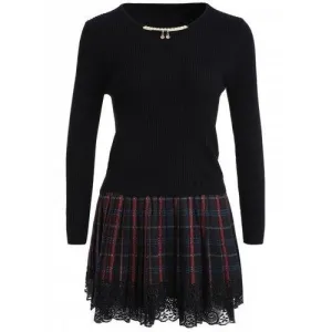Chain Checked Layered Sweater Skater Dress - Black One Size