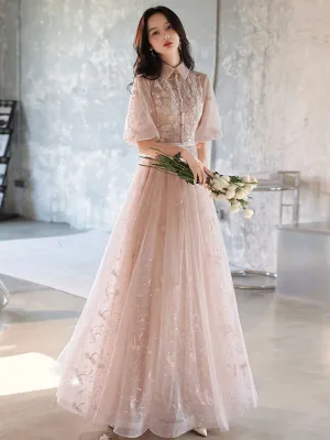 Champagne A-Line Tulle Lace Long Prom Dresses, Champagne Formal Dress