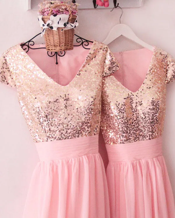 Champagne Sequins Pink Chiffon Bridesmaid Dresses Short Sleeves Ruffles V-Neck Floor Length