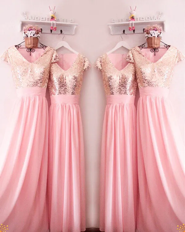 Champagne Sequins Pink Chiffon Bridesmaid Dresses Short Sleeves Ruffles V-Neck Floor Length