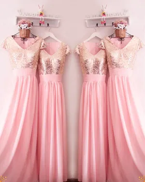 Champagne Sequins Pink Chiffon Bridesmaid Dresses Short Sleeves Ruffles V-Neck Floor Length