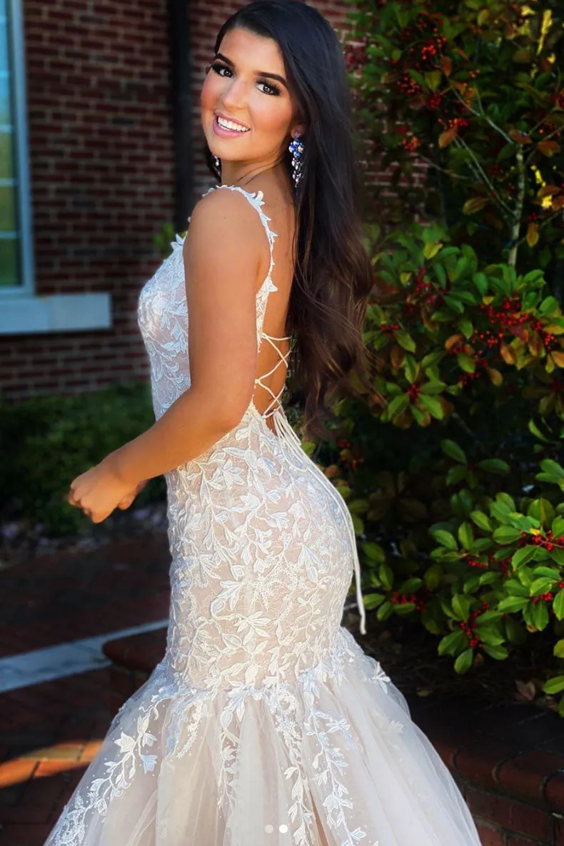 Champagne tulle lace mermaid long prom dress lace formal dress
